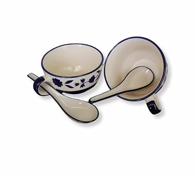 Mirakii Ceramic Handmade Printed Soup Cup or Bowl   300 ml with Spoon (Set of 2)