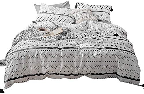 DaLove Geometric Duvet Covers Twin Chic Stripe Pattern White Black Bedding Quilt Cover Sets, Boho Boys Duvet Cover with Two Pillow Cases, Zipper Closure, 4 Corner Ties
