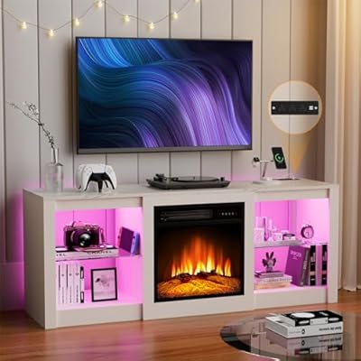BREEZEHEAT 58 inch TV Stand with 18" Fireplace Inserts-Led Entertainment Center for TVs Up to 65"-TV Console for Living Room with Glass Shelves, LED Lights and Power Outlets (White)