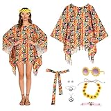 Kuvarix Deguisement Hippie Femme, 8 Pièces Déguisement Année 70 avec Poncho, Collier, Boucles d'Oreilles, Bandeau, Lunettes de Soleil, pour Cosplay Carnaval Bal Masqué (B)
