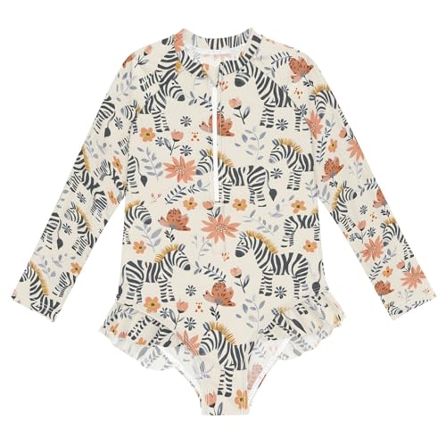 Cute Hand Drawn Zebras and Flowers Girls Long Sleeve Swimsuit Rash Guard One Piece Bathing Suits Zipper 3-12T