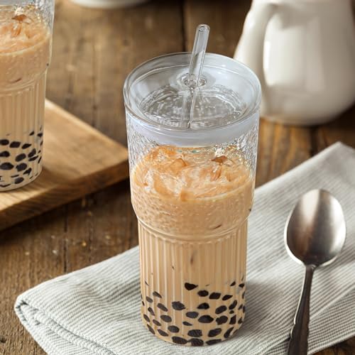 Joeyan 22 oz Glass Tumbler with Straw and Lid for Iced Tea Coffee Smoothie Water Juice Beverages Soda,Clear Borosilicate Glasses Cups,Ribbed Drinking Jar,Set of 2,Dishwasher Safe