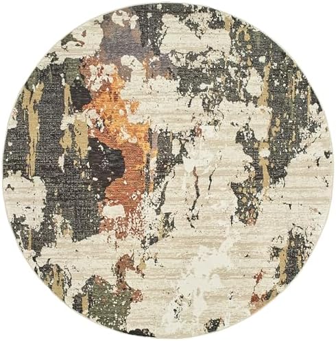 Oriental Weavers Evolution Area Rug - 7770J - 7'10" Round - in Beige/Charcoal - Modern Style, Stain Resistant, Family and Pet Friendly, Dining Room Rug