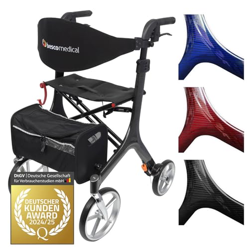 Besco Medical Carbon Rollator ultraleicht 5,8 kg - faltbar, höhenverstellbar, mit Sitz - Premium...
