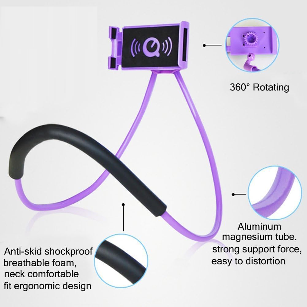 Neck Phone Holder - Universal Hanging On Neck Lazy Phone Holder DIY Free Rotating Stand on Table Smart Multiple Functions Mobile Phone Mount Stand(Black) thumbnail
