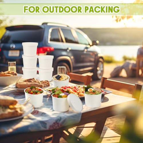 Image of Fulmoon 20 oz 100 Pack Paper Containers with Lids Soup Bowl Cup, White | Disposable Ice Cream Cup, Kraft Food Containers with Vented Lid Stackable for Hot Soup Dessert Cake Fruit Microwave Takeout
