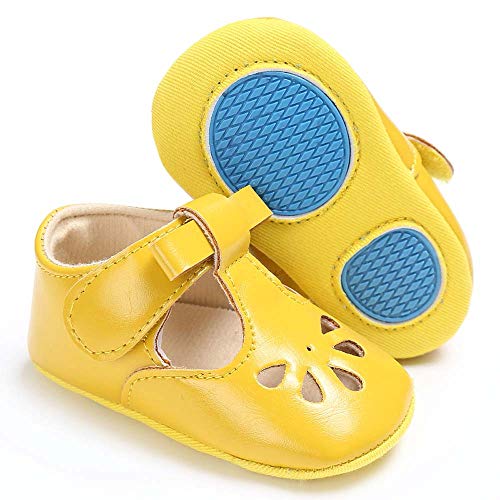 SOFMUO Baby Girls Mary Jane Flats with Bowknot Non-Slip Toddler First Walkers Princess Dress Shoes (Yellow,12-18 Months)