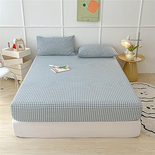 Mateju Drap Housse à Carreaux avec 2 Taie d'oreiller，Housse de Matelas Antidérapants Résistant aux Rides, Drap Housse en Microfibre, Protège Matelas de 20 cm d'épaisseur (150x200cm,Bleu)