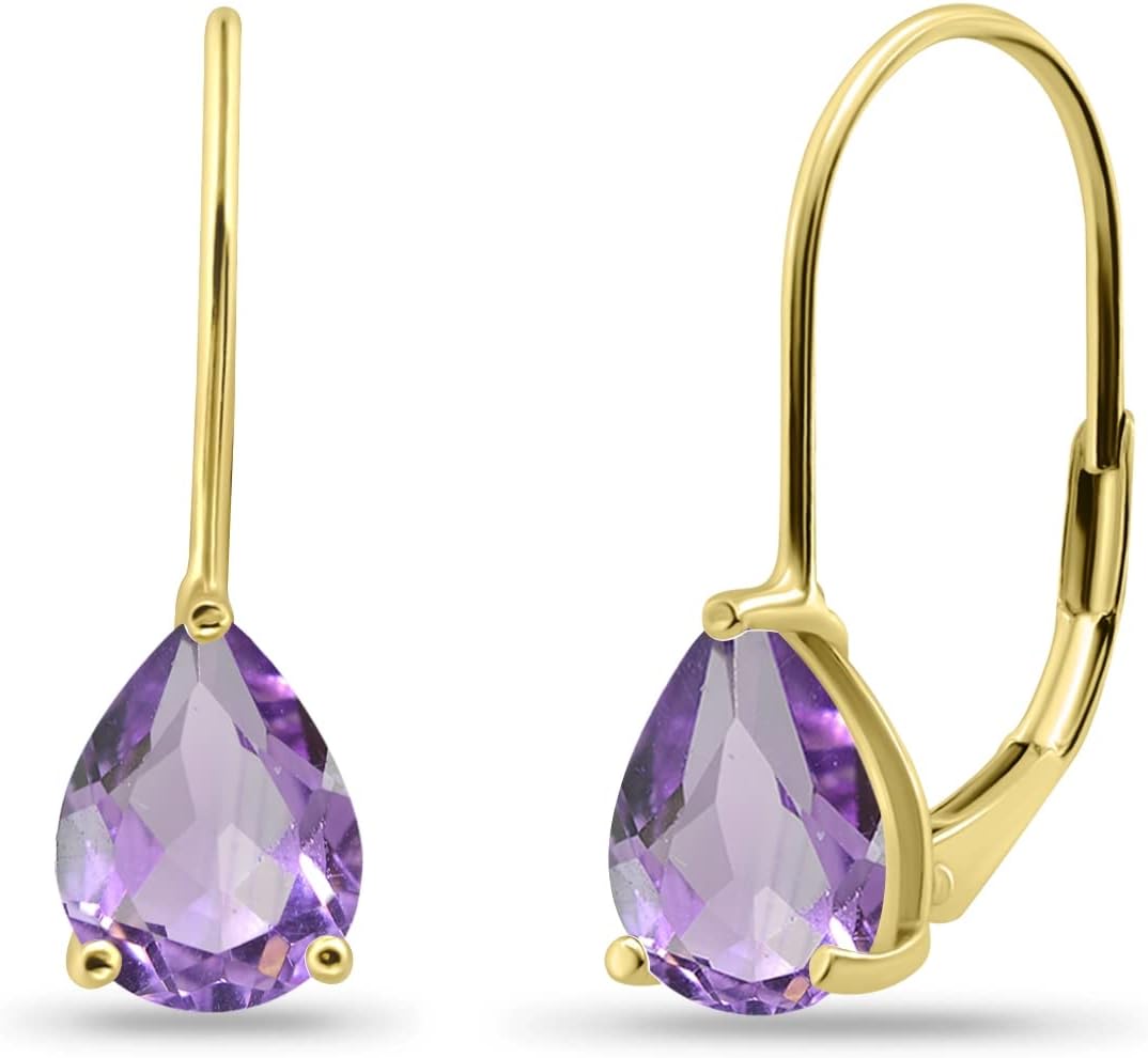 Birthstone Teardrop Earrings, 8x6mm Pear Genuine or Synthetic Gemstone, Leverback Huggie Dangle Earrings in Silver or Gold Flash