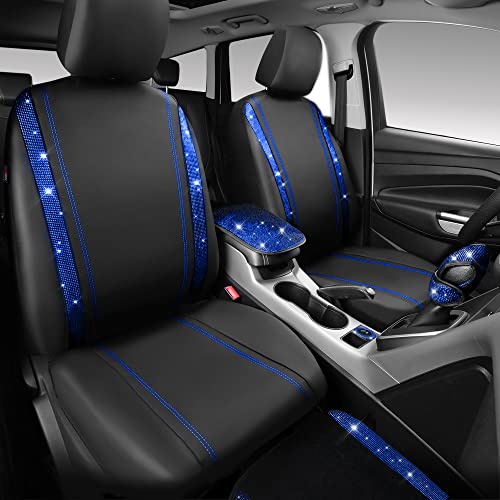 Car Pass® Rhinestone Blue Bling Car Seat Covers Leather Black & Shining Diamond Car Floor Mats Carpet With Anti-Slip Nibs& Bling Car Accessories Sets Glitter Sparkly Crystal Universal Fit For 95% Car #TOP7