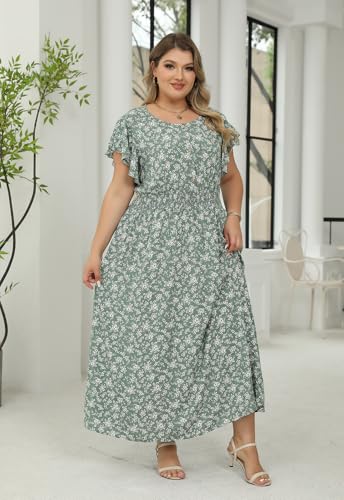 Image of Nemidor Womens Plus Size Boho Ditsy Floral Print Casual Smocked Flared Maxi Long Dress with Pocket