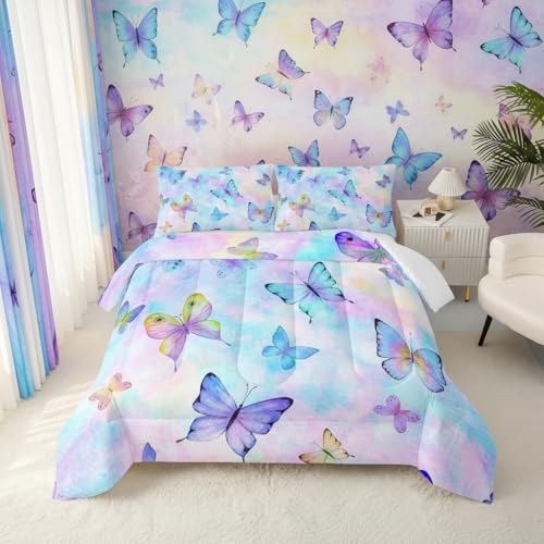 Image of QOOMO Cute Butterfly Kids Comforter Set,Cartoon Insects Print Bedding Set Queen Size for Boys Girls Room Decoration,Colorful Bed Set Microfiber Lightweight,1 Comforter Set 2 Pillowcases