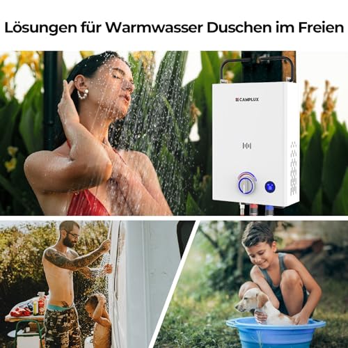 CAMPLUX 10 Liter Gasdurchlauferhitzer mit 3-stufig Verstellbarem Griff F10-DE, LPG, 50mbar, für Campingdusche/Wohnmobilausflug, Serie First