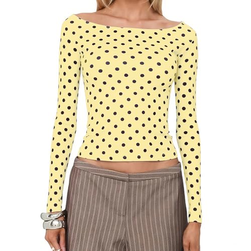 Image of Women Polka Dot Long Sleeve Top Vintage Cute Slim Fit Crew Neck Basic Crop Tops Y2K Trendy Going Out Fall Tee Shirt (Yellow, M)