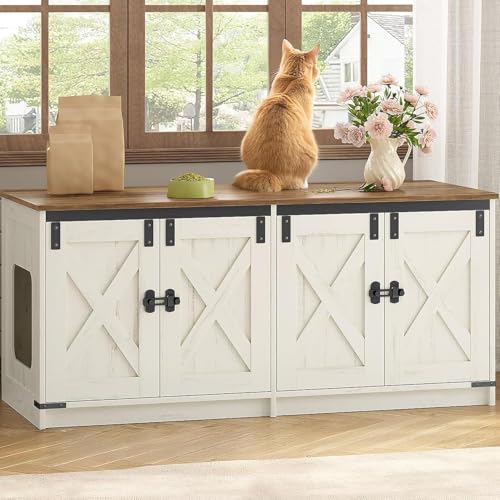 Hzuaneri Cat Litter Box Enclosure for 2 Cats Hidden Litter Box Furniture Cabinet with Double Room Indoor Cat House Farmhouse Style 46.7 x 18.9 x 21.1 Inches Rustic Brown and White CB85314X