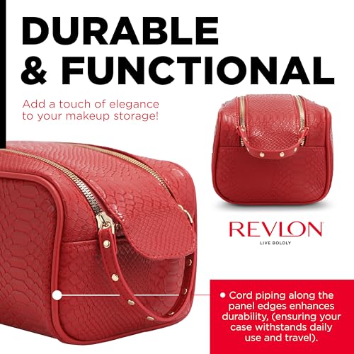 REVLON Croc Embossed Makeup Bag - Small Makeup Pouch, Travel Makeup Organizer with Two Zippers, Cosmetic Bag, Mini Makeup Case with Pockets - Gifts for Women, Ladies, or Teen Girls, Cherry Red4