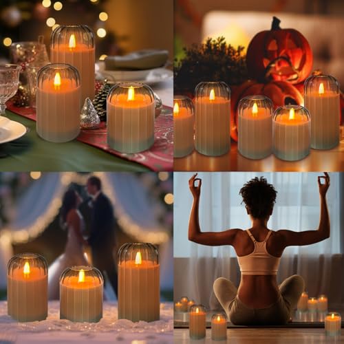 Image of LEDHOLYT Rechargeable Flameless Candle, Flashing LED Pillar Real Wax Candle with Remote Control and Timer, Green Pumpkin Glass Electronic Candles for Room Decoration, 1 Set of 3