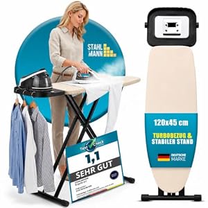 STAHLMANN® Premium Bügelbrett [120 x 45 cm] – Bügelbrett für Dampfbügelstation [100% Baumwolle Turbobezug] [Made in EU] – höhenverstellbarer Bügeltisch