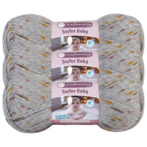 Image of Makromecity Softee Baby Yarn,%100 Premium Anti-Pilling Acrylic, 3.5 Oz, 273 yd (100gr /250 mt), Soft Yarn for Crocheting and Knitting (Grey Tweed, 3 Skeins)