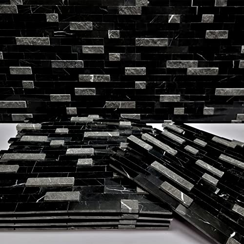 Sunwings Peel And Stick Mosaic Natural 3D Stone Self Adhesive Tiles, 12" X 11" 5-Sheet Stick On Backsplash For Kitchen Bathroom Fireplace Vanity, Mixed Black #TOP3