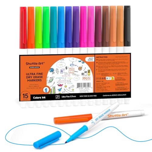 Image of Shuttle Art Ultra Fine Dry Erase Markers, 15 Colors Whiteboard Markers with Erase, Dry Erase Markers Perfect For Writing on Whiteboards, Dry-Erase Boards,Mirrors for School Office Home