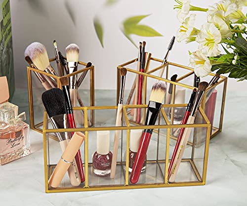 Image of NIUBEE Acrylic Pen Holder 3 Compartments, Gold Pencil Organizer Cup for Countertop Desk Accessory Storage