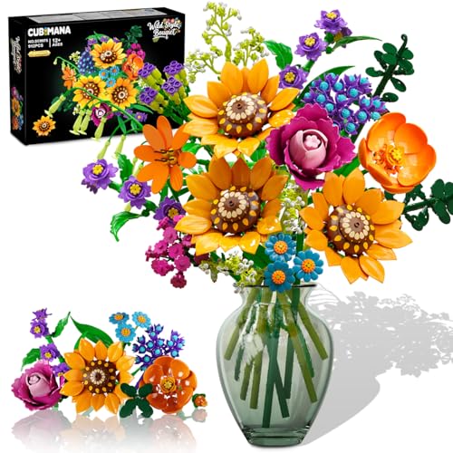 CUBIMANA Bouquet de fleurs sauvages avec lumières - Collection de 18 fleurs botaniques blocs de construction tournesol rose plantes décoration d'intérieur cadeau pour adultes femmes filles(912 pièces)