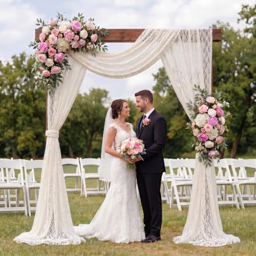 Image of HunnmingRe 4 Panel Ivory White Wedding Arch Draping Fabric Summer 30 inch X 18 FT Lace Wedding Arch Drapery Embroidered Boho Rustic Backdrop Vintage Decor for Bridal Shower Church Ceremony Decoration