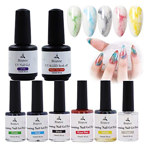 Biutee Blooming Nail Polish 15ml 6 Colors With 15ml White Polish Gel 15ml Matte Top Coat Marble Nail Polish Tint Liquid for Nails