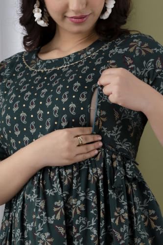 Image of Amazon Brand - Tavasya Women Botanical Floral Printed Maternity Midi Dress | Round Neck | 3 /4 Ruffle Sleeves | Concealed Feeding Zip | Gathered Tiered Nursing Dress
