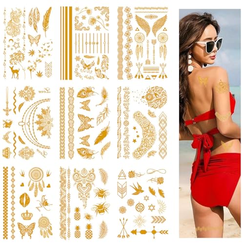 9 Fogli Metallico Tatuaggio Temporaneo, Tattoo Impermeabile Adesivi di Oro, Temporaneo Festival Tattoo Stickers per Donne Uomo e Bambini Spiaggia, Festival Musicali e Feste