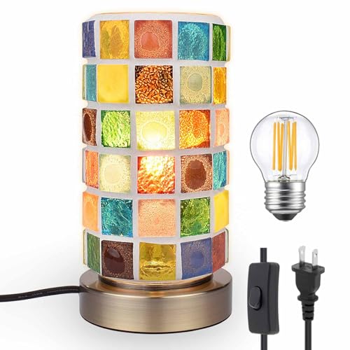 Mosaic Stained Glass Table Lamp for Bedroom Bedside, Bohemian Turkish Small Nightstand Lamp Night Light, Metal Base Round Colored Glass Shade Desk Lamp for Living Room Restaurant Bar (Bulb Included)