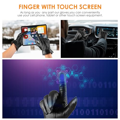 LOKIMSI Genuine Sheepskin Leather Gloves for Men, Soft Cashmere Winter Warm Touch Screen Gloves Motorcycle Driving Gloves