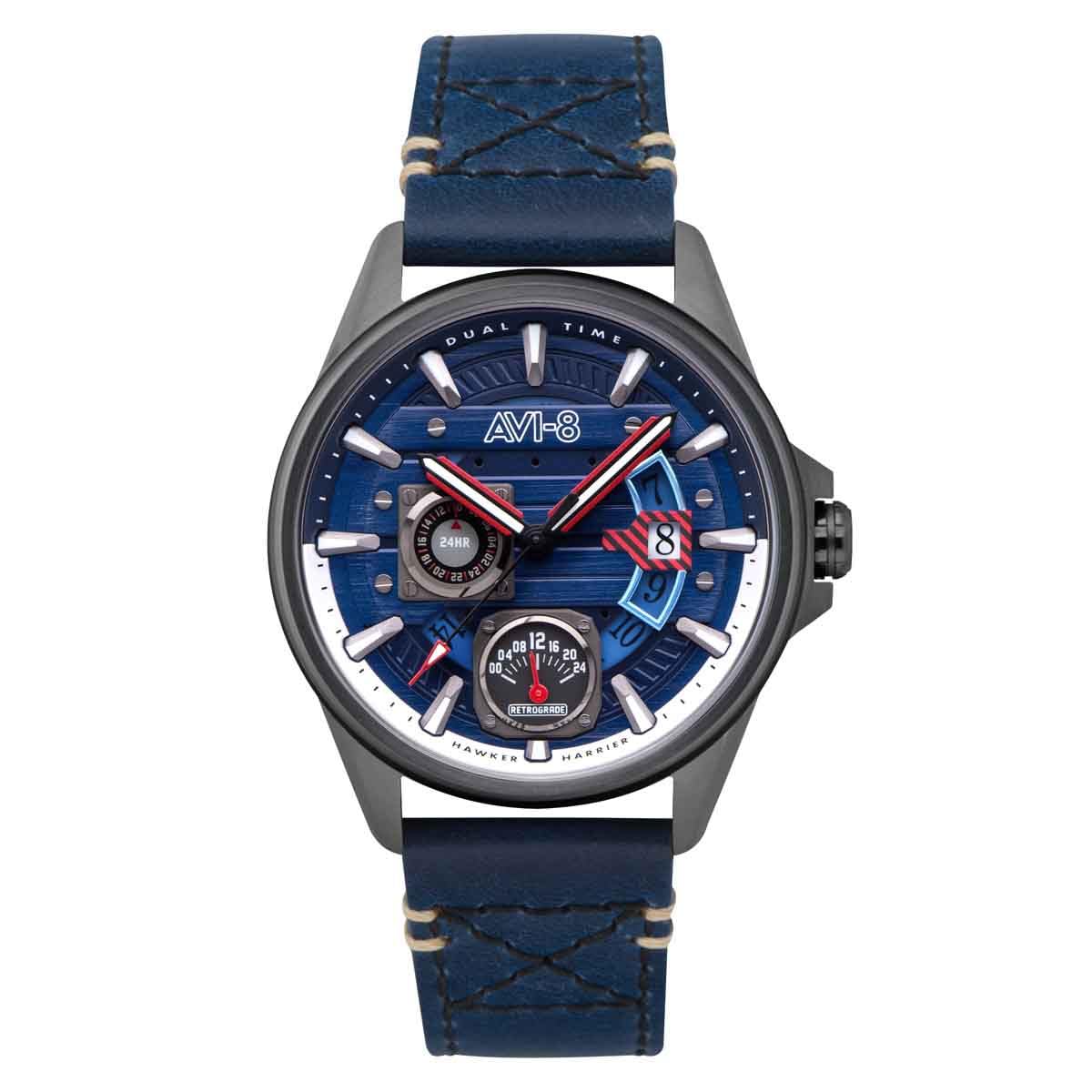 AVI-8 Pilot Hawker Harrier Farley Men's Japanese Quartz 44mm Watch with Leather Strap AV-4098 Blue