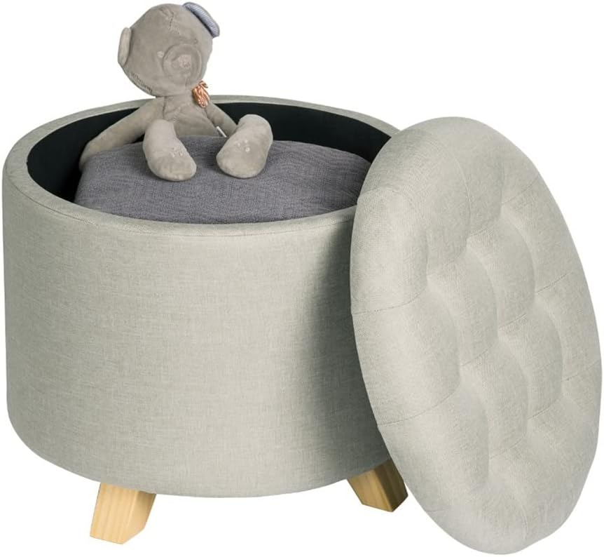 Storage Stool Footstool, Multifunction Storage Ottoman Chair Stool Removable Cover Upholstered Footstool Round Linen Pouffe Chair /787