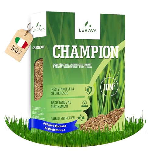 LERAVA CHAMPION Gazon à Semer (10 m²) - Graines Pelouse Résistantes à la Sécheresse - Croissance Rapide et Densité Maximale - Semences de Gazon Premium pour Jardin Durable