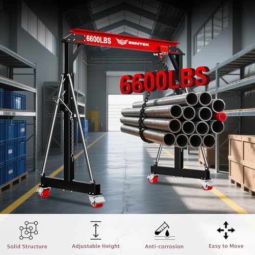 BSMTEK 3 Ton 6600LBS Gantry Crane, 2026 Upgraded Trolley, Adjustable Height (8.53-12.47 FT), Width (9.06 FT), Steel I-Beam Construction, Portable Shop Hoist for Factories, Warehouses, Auto Repair, Red