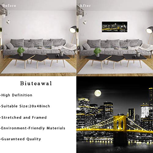 Biuteawal Black and White Yellow Canvas Print New York City Brooklyn Bridge at Moon Night Picture Photo Painting Cool Manhattan Skyline Artwork Modern Home Office Wall Decoration Ready to Hang by Biuteawal - Used condition - Image 6