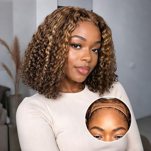 Pinketer 2/30 Highlight Bob Wig Human Hair 4x4 Wear and Go Glueless Wigs Pre Cut Lace 180% Density Deep Wave Human Hair Wigs for Black Women Beginner Friendly Highlight (Glueless Bob Wig, 8inch)