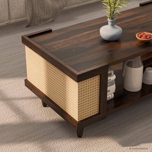 Image of Sudha Solid Sheesham Wood Coffee Table & Centre Table, Walnut Finish | Open Storage Shelf, Natural Rattan Cane Sides, Wooden Center Table for Living Room, Solid Sheesham Wood