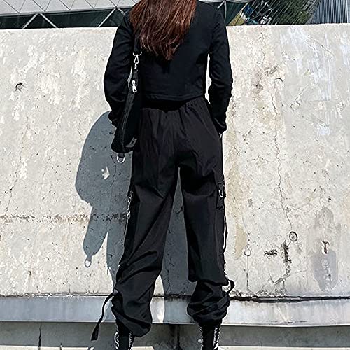 MEINVQIAOTI Black Cargo Pants for Women Hip-hop Street Loose High Waist Punk Chained Pants3