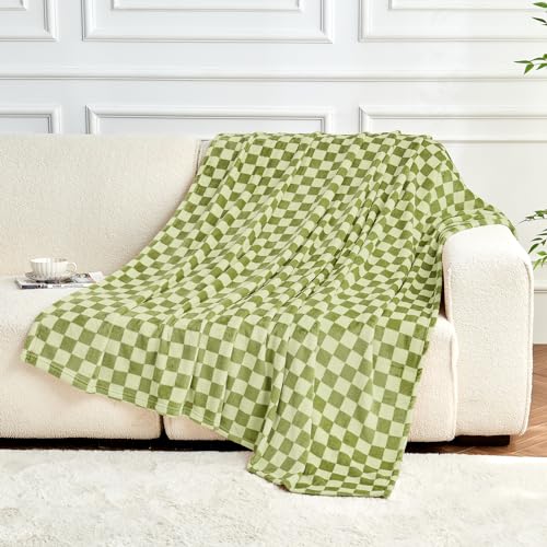 FY FIBER HOUSE Checkered Flannel Fleece Throw Blanket Soft Cozy Checkerboard Grid Print Chessboard Gingham Pattern Blankets for Bed Couch Sofa, 50"x60", Sage Green