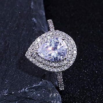 ChenFeng Sterling Silver Simulated Pear-Shaped CZ Halo Engagement Ring with Side Stones Promise Bridal Ring (6)