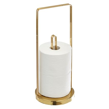 mDesign Modern Metal Free-Standing Toilet Paper Holder Stand with Storage for 3 Rolls of Toilet Tissue - Raised Base, Carrying Handle - for Bathroom/Powder Room - Holds Mega Rolls - Soft Brass