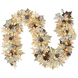 Realistic Fall Garland with Lights, 6 FT Real Touch Feel Leaves Garland with Berries Pine Cones, Fall Decorations for Home Thanksgiving Halloween Decorations Indoor Farmhouse Porch Fireplace