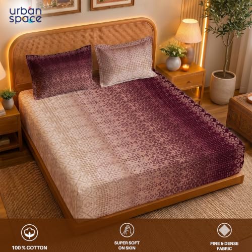 Image of Urban Space Serene 300TC 100% Cotton Bedsheet for Double Bed, Panel Design Bedsheet, Printed Queen Size Bed Sheet with 2 Pillow Covers (90 x 100 Inches, Sun&Sand Wine)