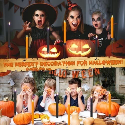 Image of Orange & Black Flameless Taper Candles with Remote, Halloween LED Candles | Battery Operated Candle with 3D Wick, 9.6 inch Real Wax Fake Candlesticks, Warm Candle Light for Home, Table, Party, 6 Pack