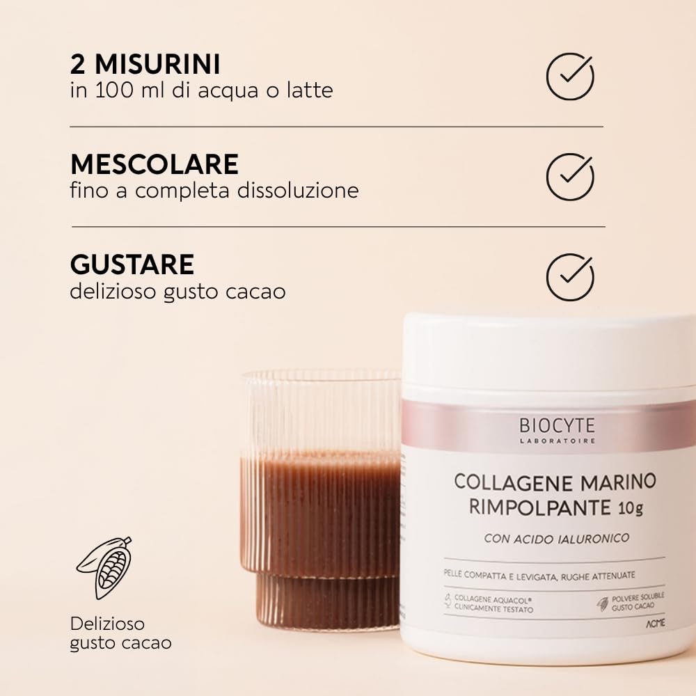 Biocyte Collagene Marino Rimpolpante 10000 mg in Polvere Cacao 20 Giorni | Idratante e Antirughe, Collagene Idrolizzato con Acido Ialuronico, Peptidi di Tipo I, Senza Zuccheri Aggiunti, Gusto Cacao