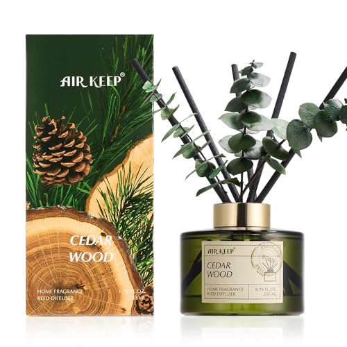 Airkeep Reed Diffuser Set with 6.76 fl oz Cedar Wood Scent Essential Oils and 3 Leaves & 8 Diffuser Sticks,Bathroom Shelf Decor & Air Freshener, House Bedroom Office Decor & Gifts