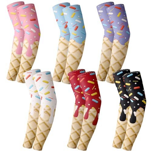JATEBI 6 Pair Ice Cream Baseball Arm Sleeves, Sun Protection Compression Arm Sleeve for Youth Adult Sport Baseball Football, Ice Cream Mix, S